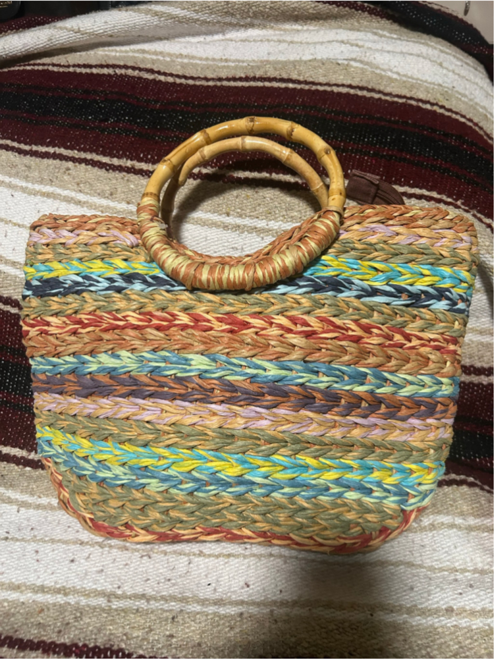 Women's Unbranded Multi-color Straw Tote Bag with Bamboo Handles